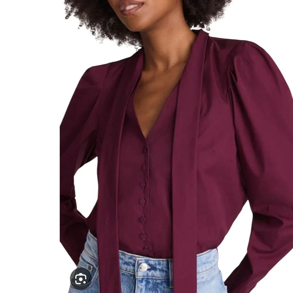 Madewell NEW V-Neck Tie-Neck Button-Front Top Burgundy XXS‎ Luxury Minimalist